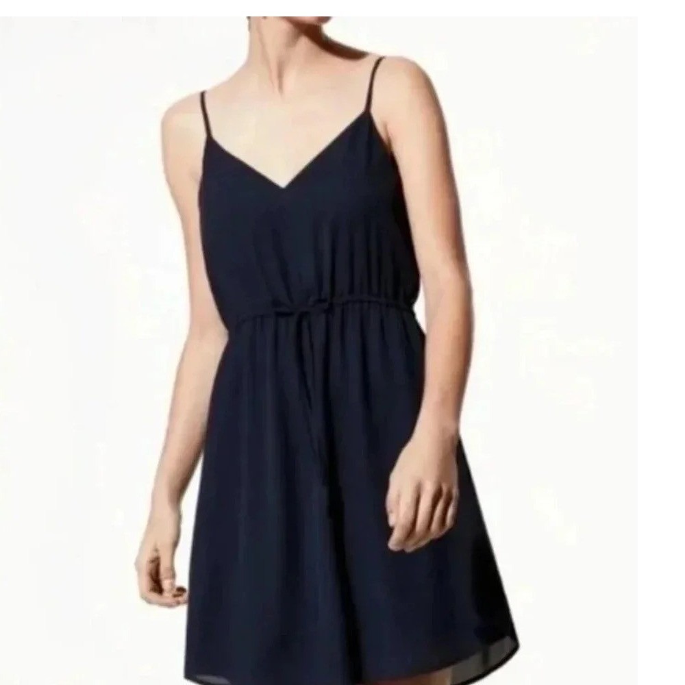Babaton Aritzia Navy Blue V-Neck Mini Dress Drawstring Waist Size M 57466